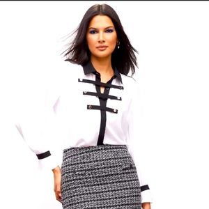 New York & Company Gold Button, Paper White,  Collared Long Sleeve Blouse L